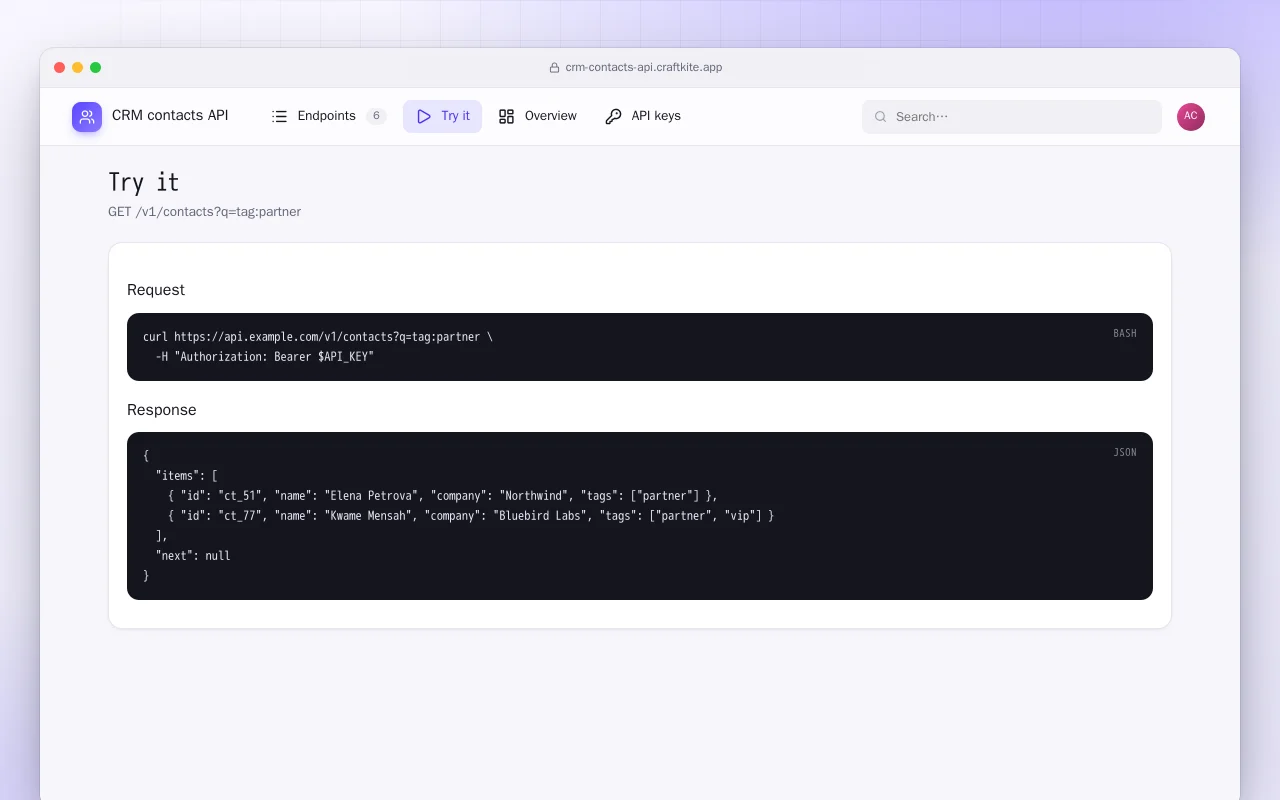 CRM contacts API: the Try it screen