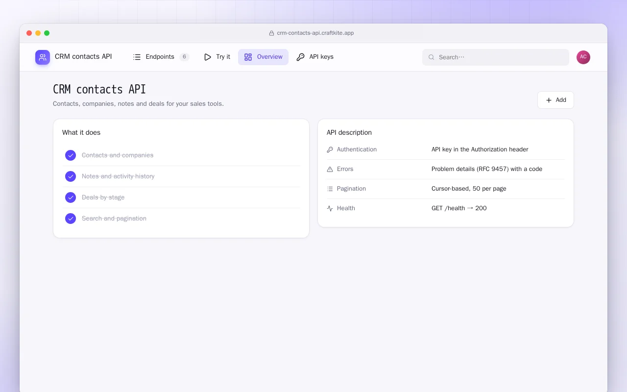 CRM contacts API: the CRM contacts API screen