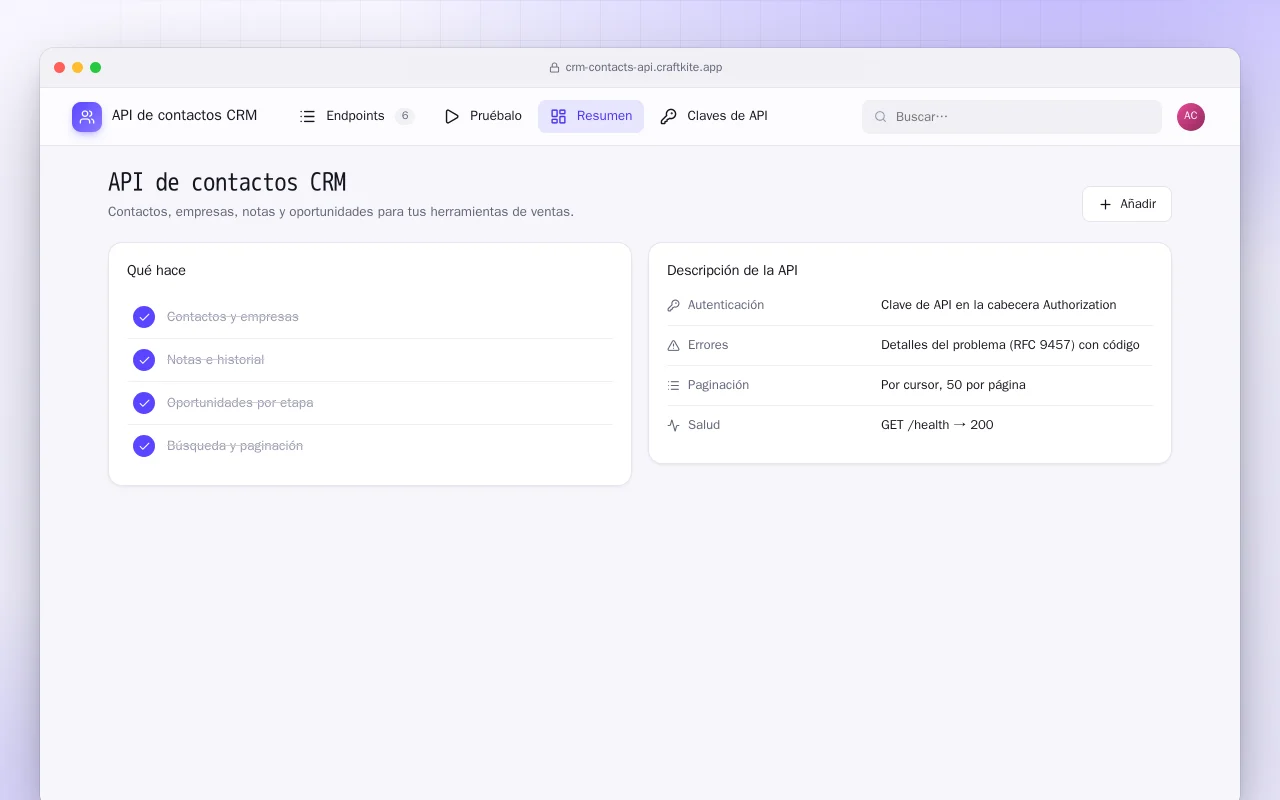 API de contactos CRM: la pantalla API de contactos CRM