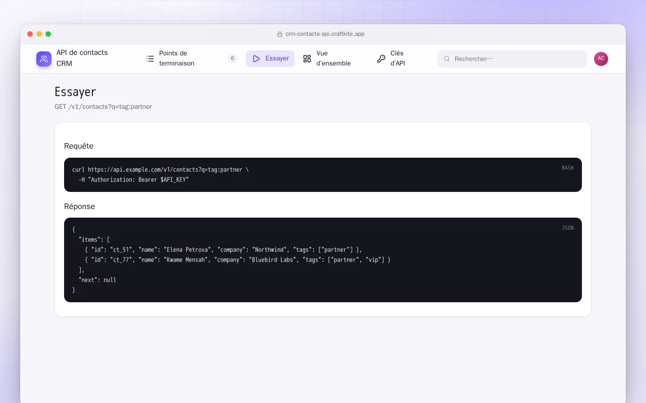 API de contacts CRM : l’écran Essayer