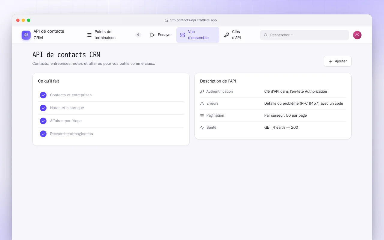 API de contacts CRM : l’écran API de contacts CRM