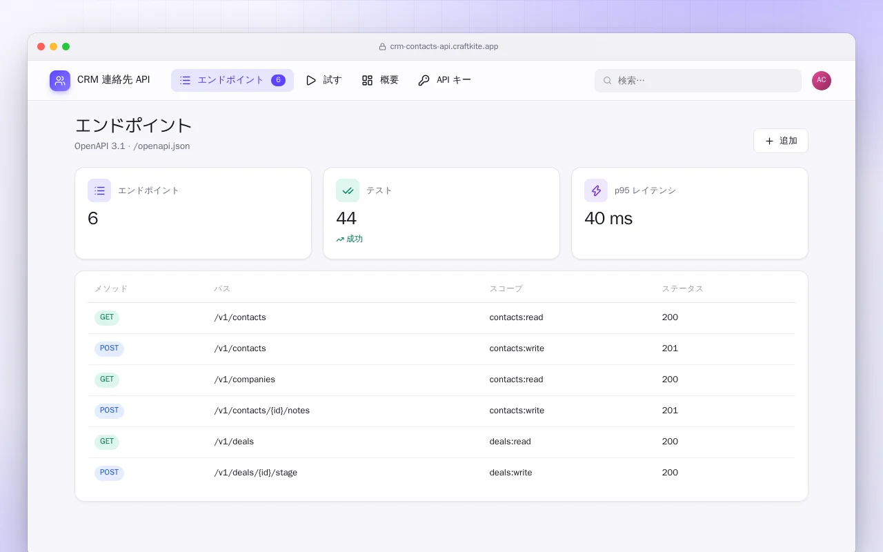 CRM 連絡先 API：エンドポイント画面