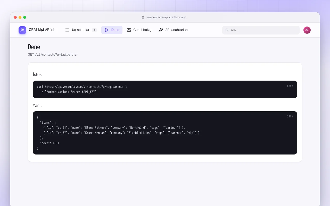 CRM kişi API’si: Dene ekranı