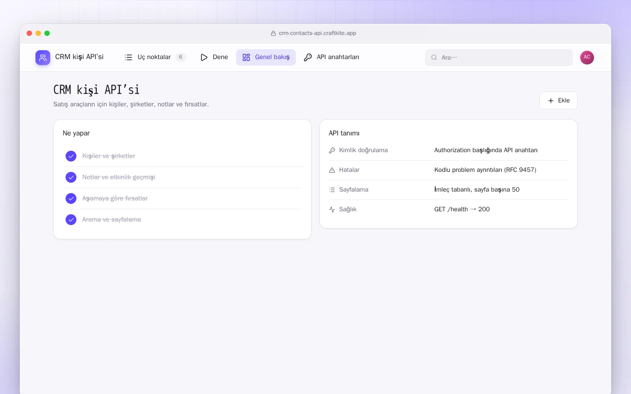 CRM kişi API’si: CRM kişi API’si ekranı