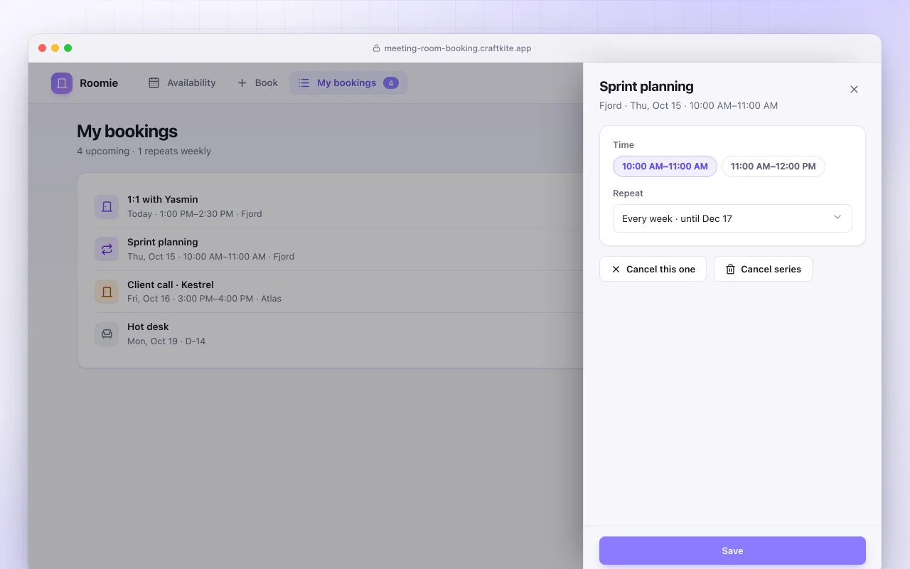 Meeting room booking: the My bookings screen