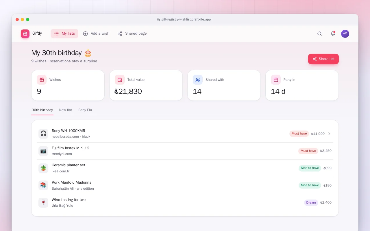 Gift registry and wishlist: the My 30th birthday 🎂 screen