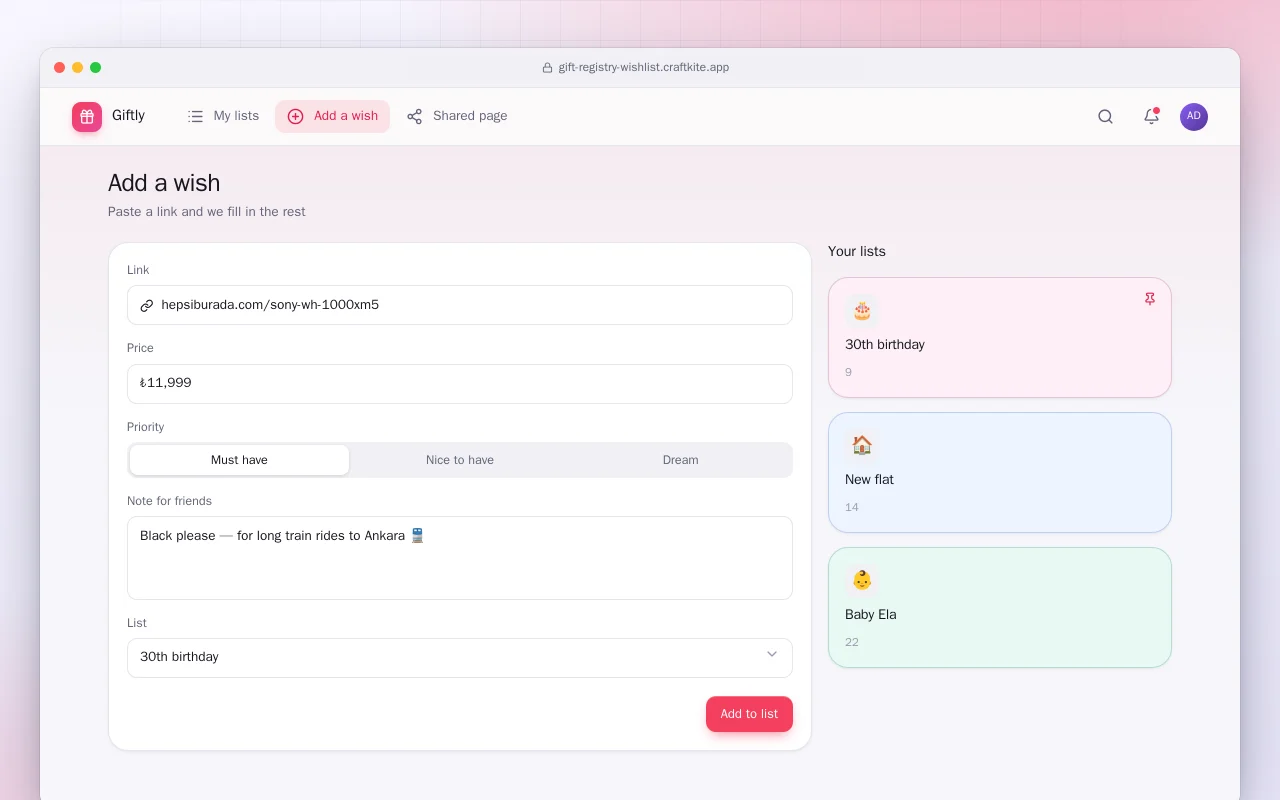 Gift registry and wishlist: the Add a wish screen