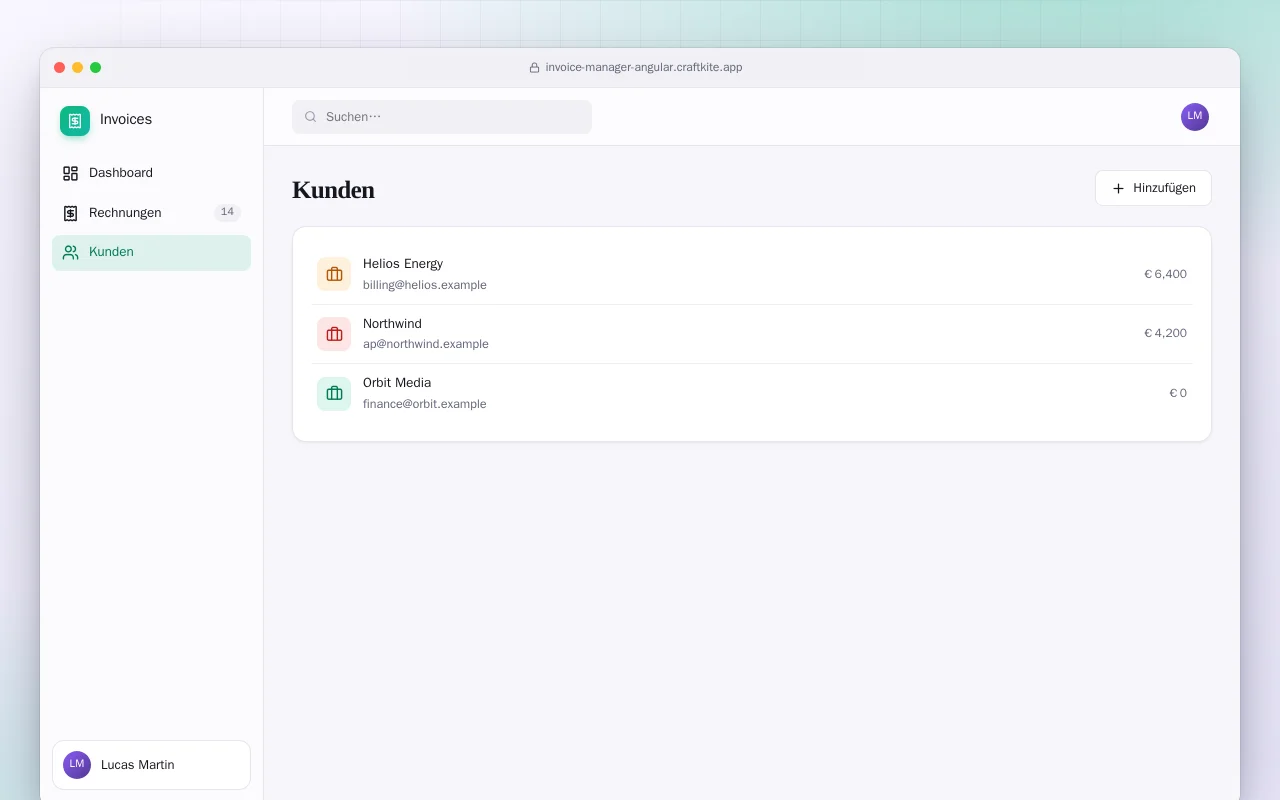 Rechnungsverwaltung (Angular): der Bildschirm „Kunden“