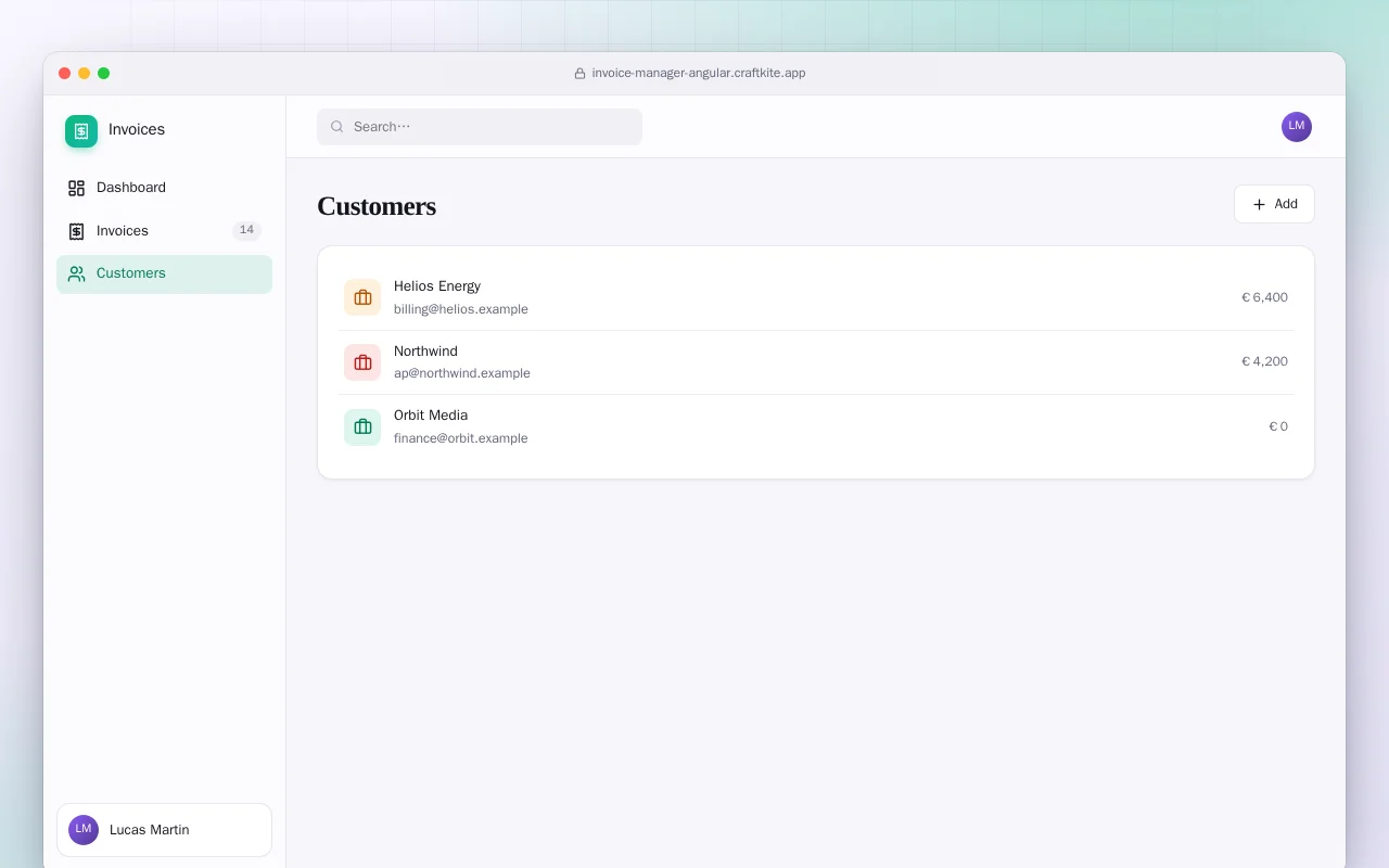 Invoice Manager (Angular): the Customers screen