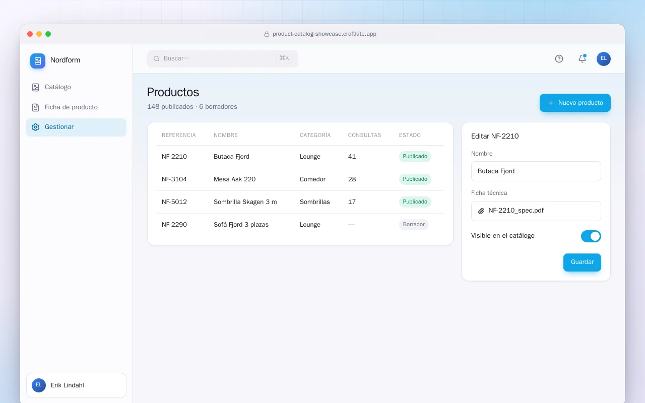 Catálogo de productos: la pantalla Productos