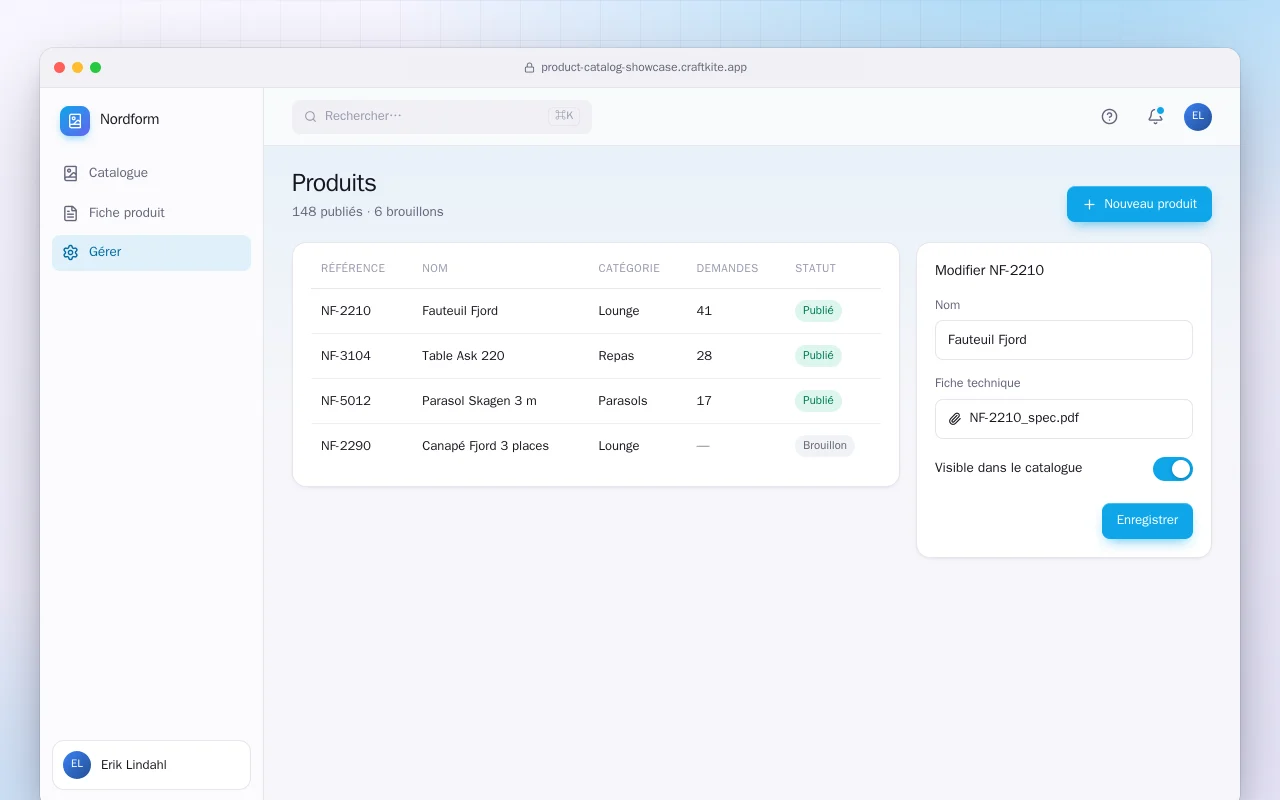 Vitrine de catalogue produits : l’écran Produits