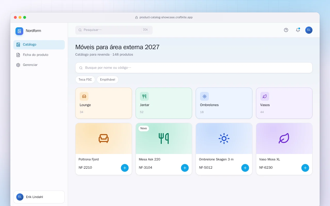 Vitrine de catálogo de produtos: a tela Móveis para área externa 2027