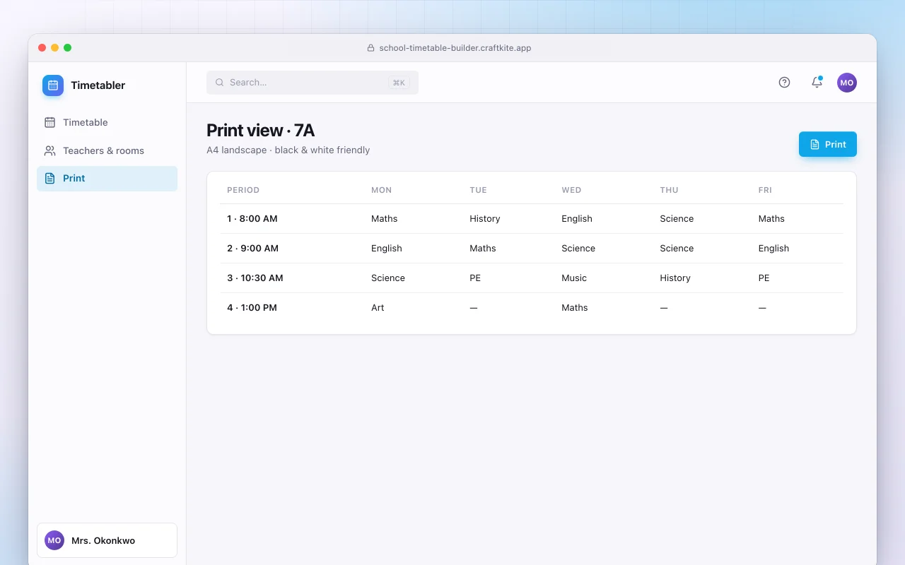 School timetable builder: the Print view · 7A screen