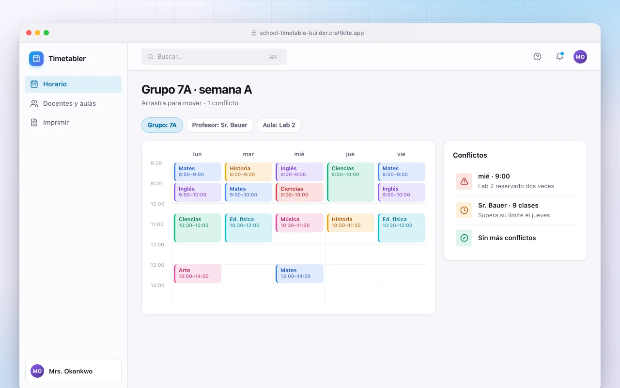 Creador de horarios escolares: la pantalla Grupo 7A · semana A