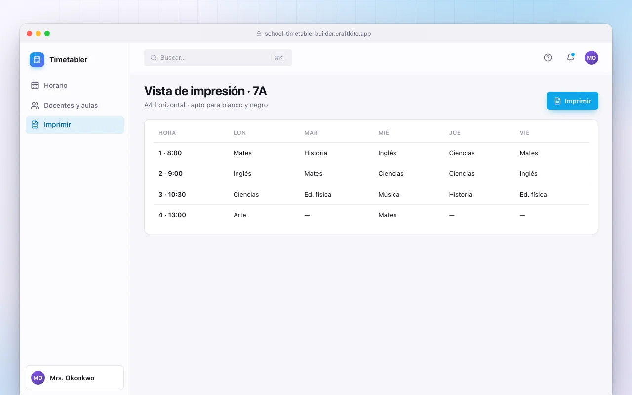 Creador de horarios escolares: la pantalla Vista de impresión · 7A