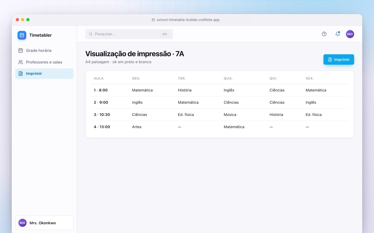 Montador de grade de horários escolar: a tela Visualização de impressão · 7A