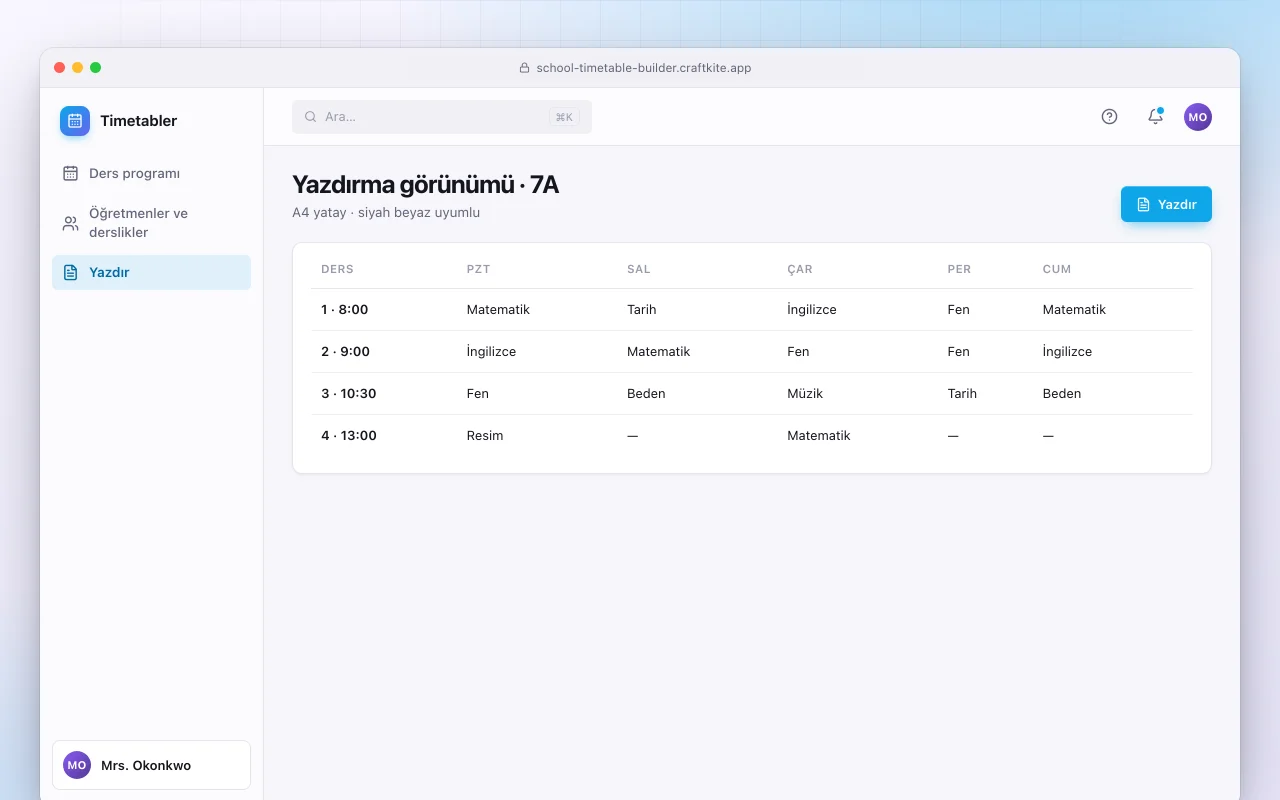 Okul ders programı hazırlayıcı: Yazdırma görünümü · 7A ekranı