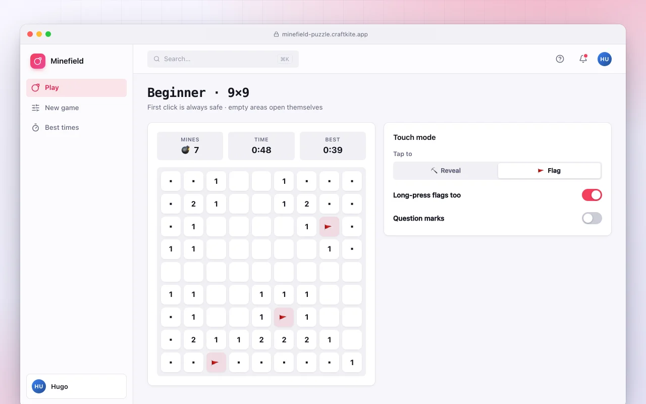 Minefield puzzle: the Beginner · 9×9 screen