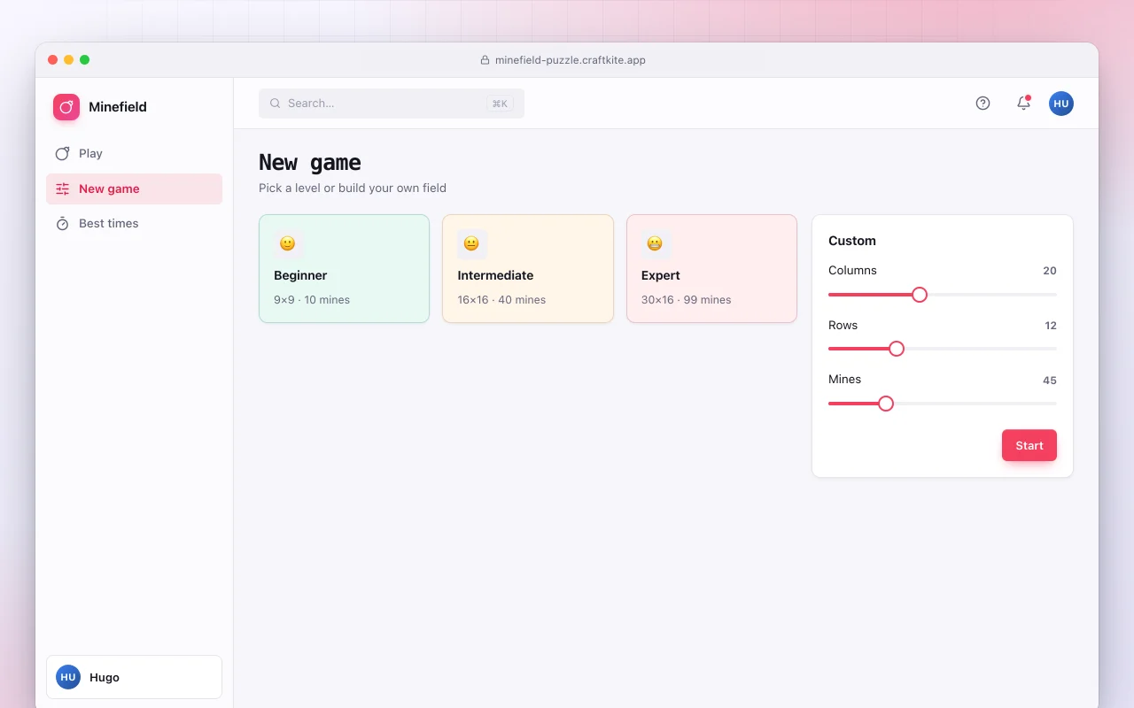 Minefield puzzle: the New game screen