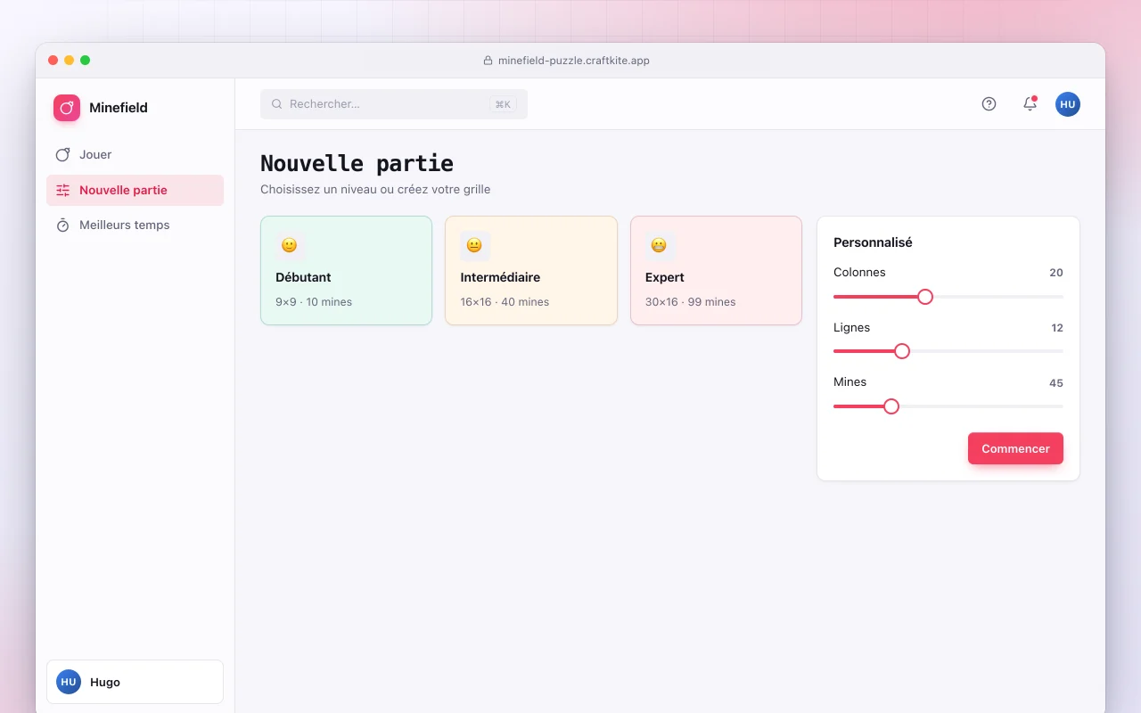 Démineur : l’écran Nouvelle partie