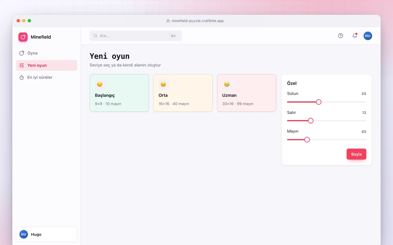 Mayın tarlası bulmacası: Yeni oyun ekranı