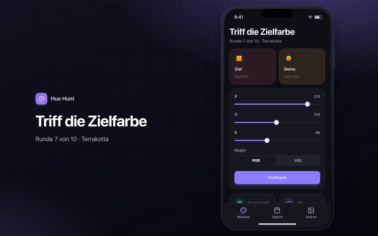 Farbmisch-Match: der Bildschirm „Triff die Zielfarbe“