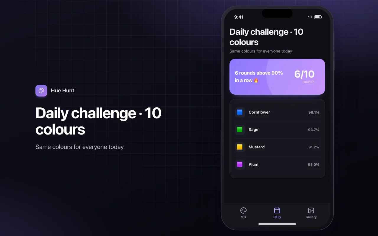 Colour mix match: the Daily challenge · 10 colours screen