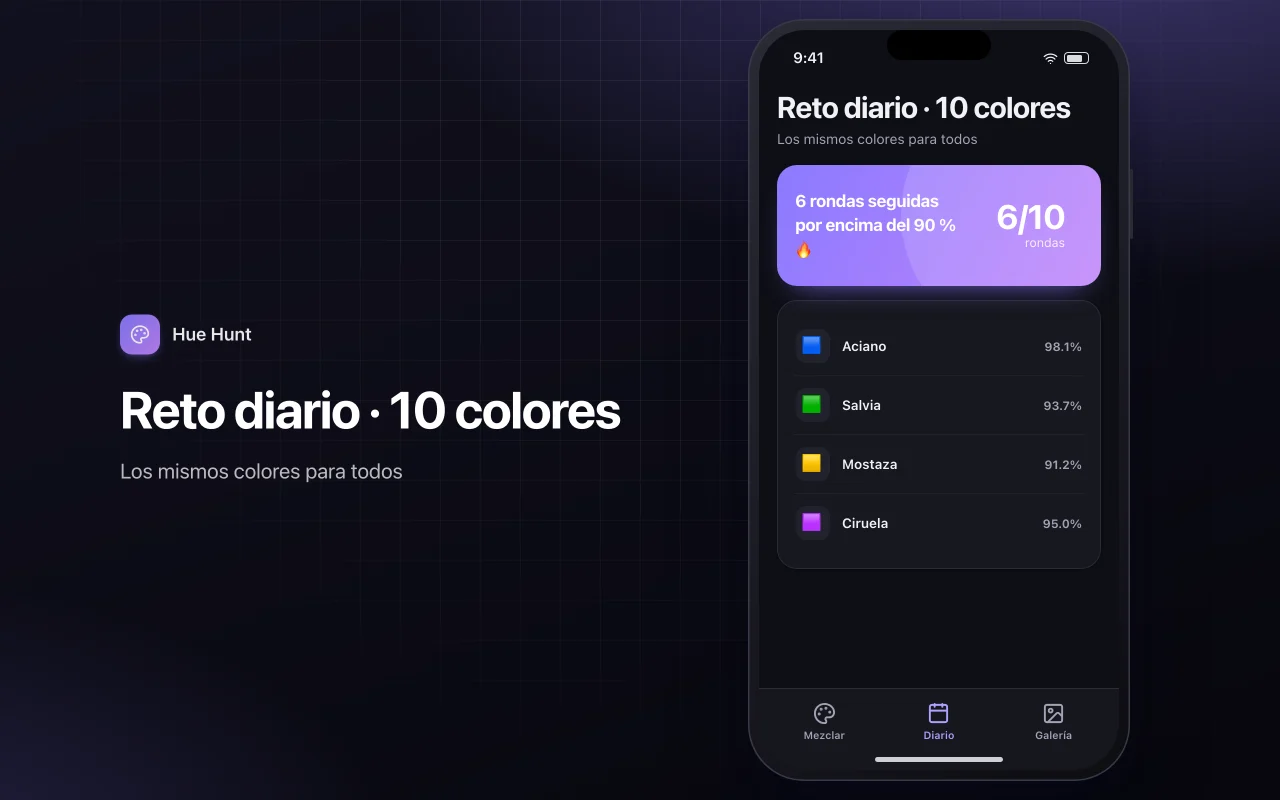 Mezcla y empareja colores: la pantalla Reto diario · 10 colores