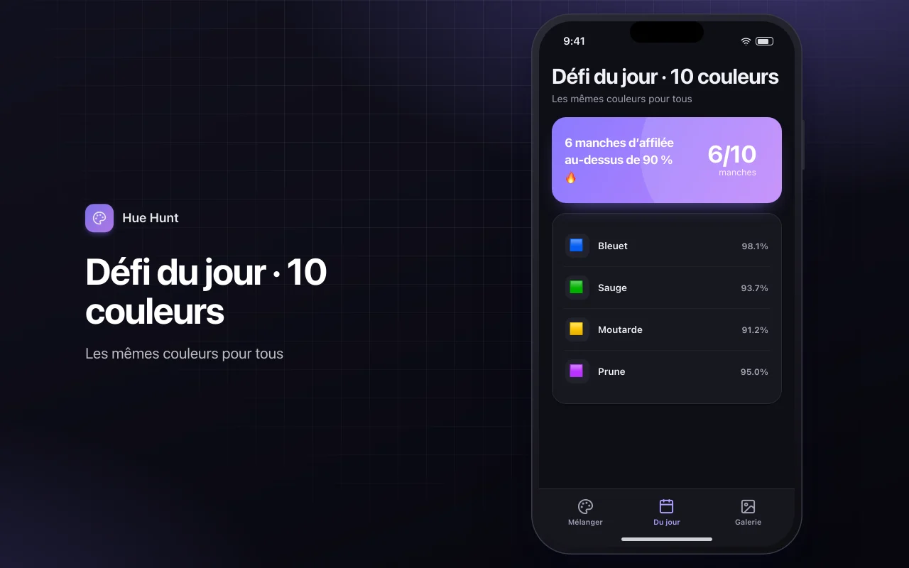 Mélange de couleurs : l’écran Défi du jour · 10 couleurs