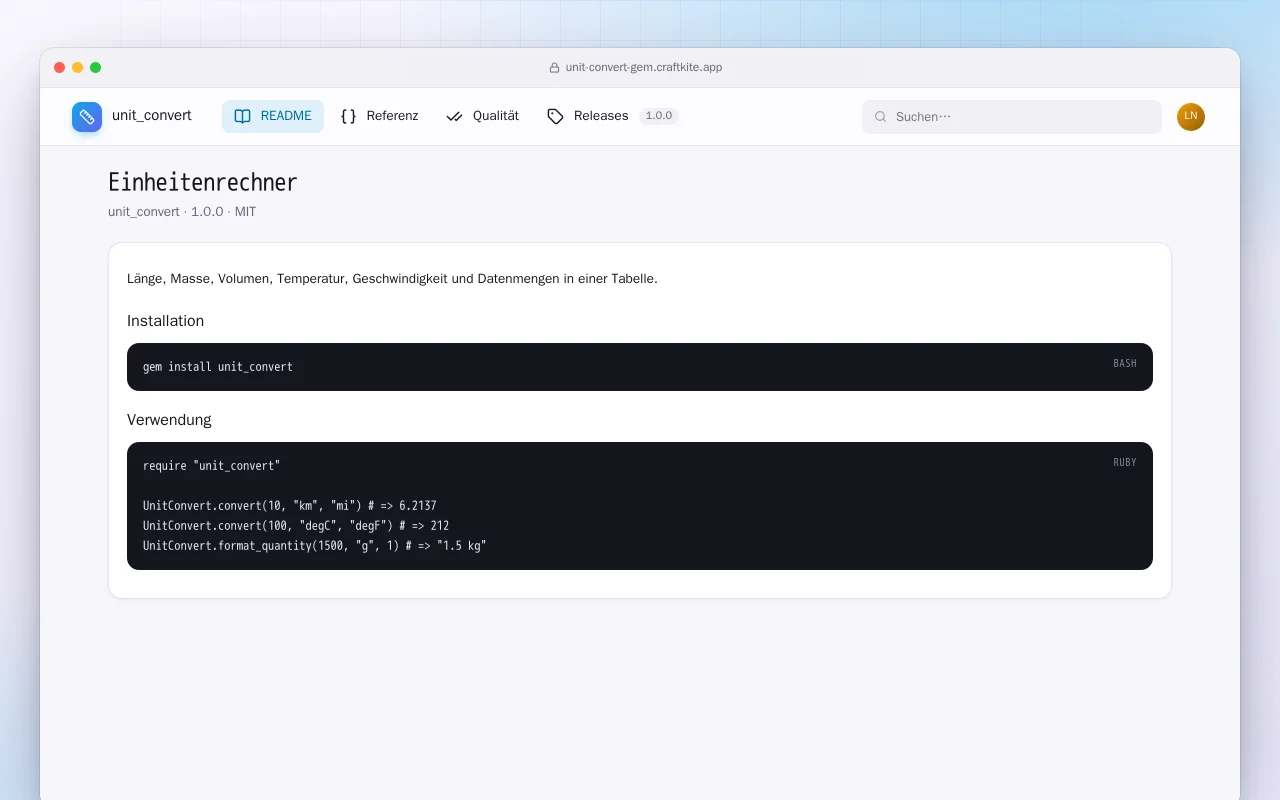 Einheitenrechner (Ruby): der Bildschirm „Einheitenrechner“