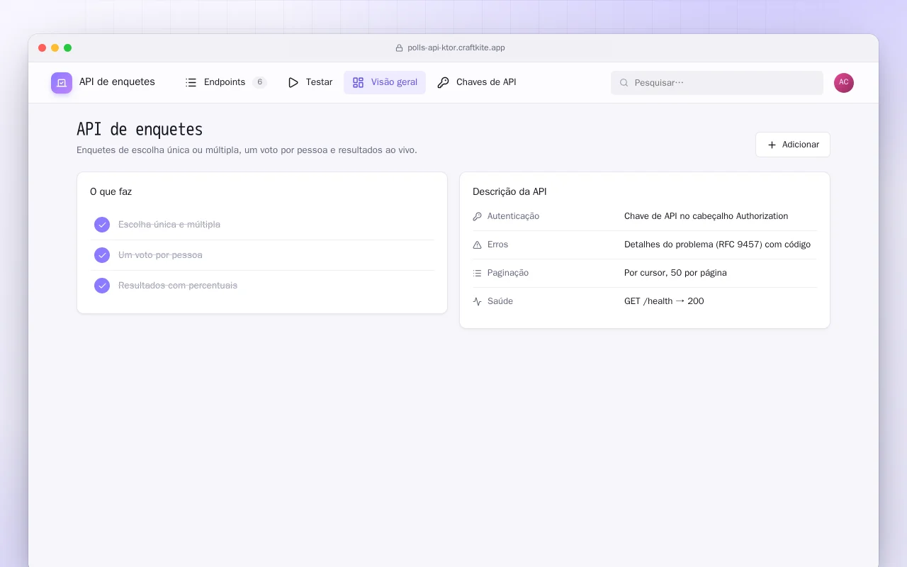 API de enquetes (Ktor): a tela API de enquetes