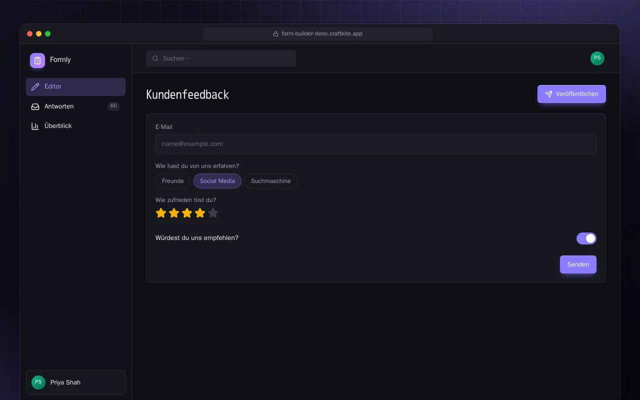 Formular-Baukasten (Deno): der Bildschirm „Kundenfeedback“