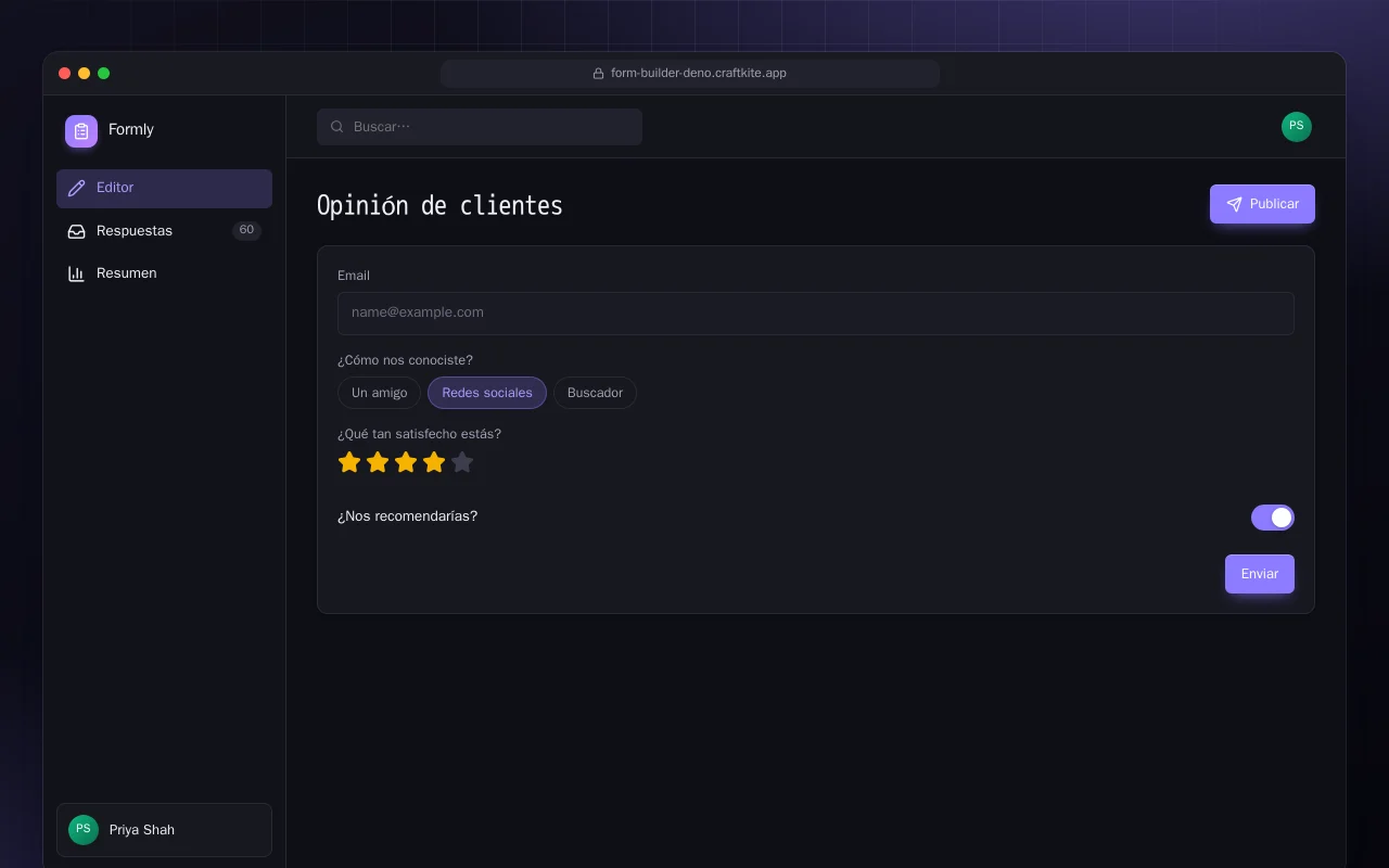 Creador de formularios (Deno): la pantalla Opinión de clientes