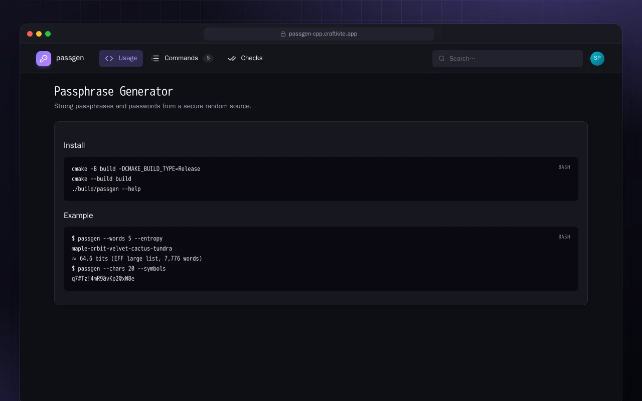 Passphrase Generator (C++): the Passphrase Generator screen
