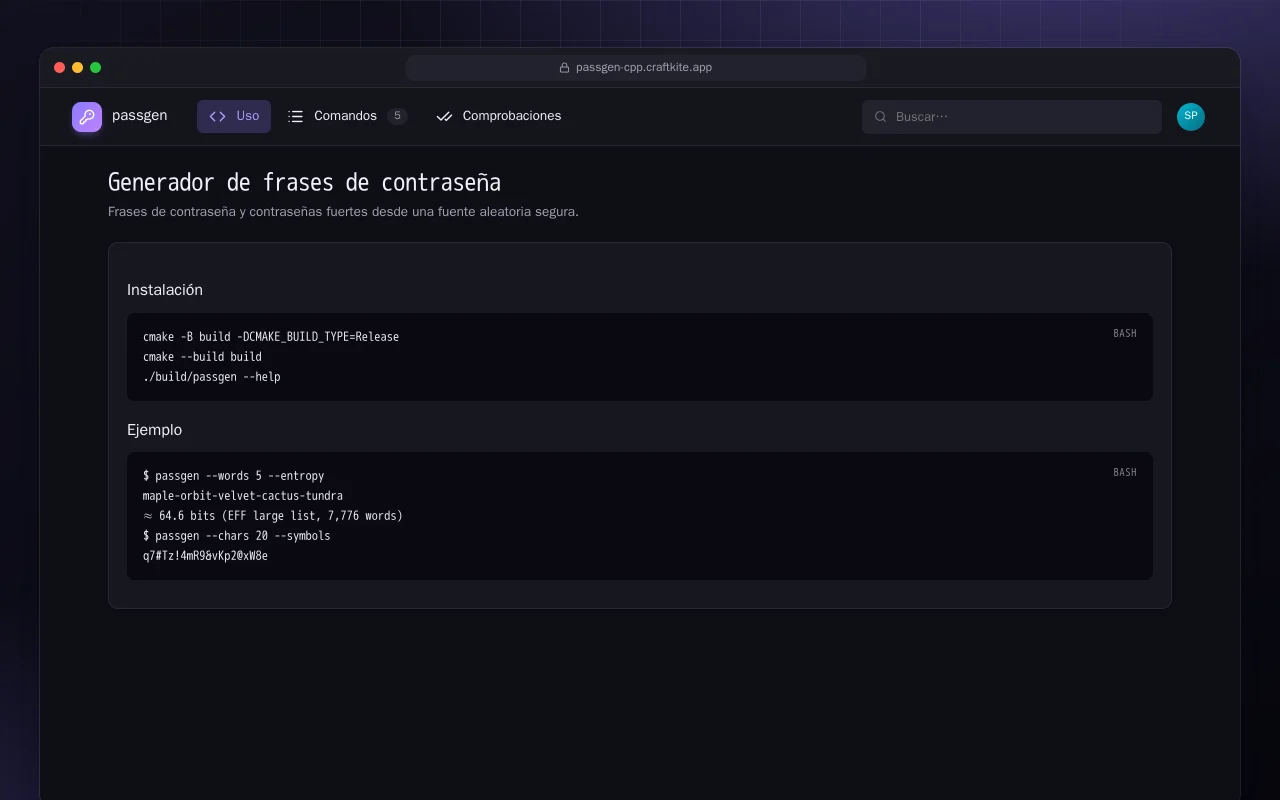 Generador de frases de contraseña (C++): la pantalla Generador de frases de contraseña