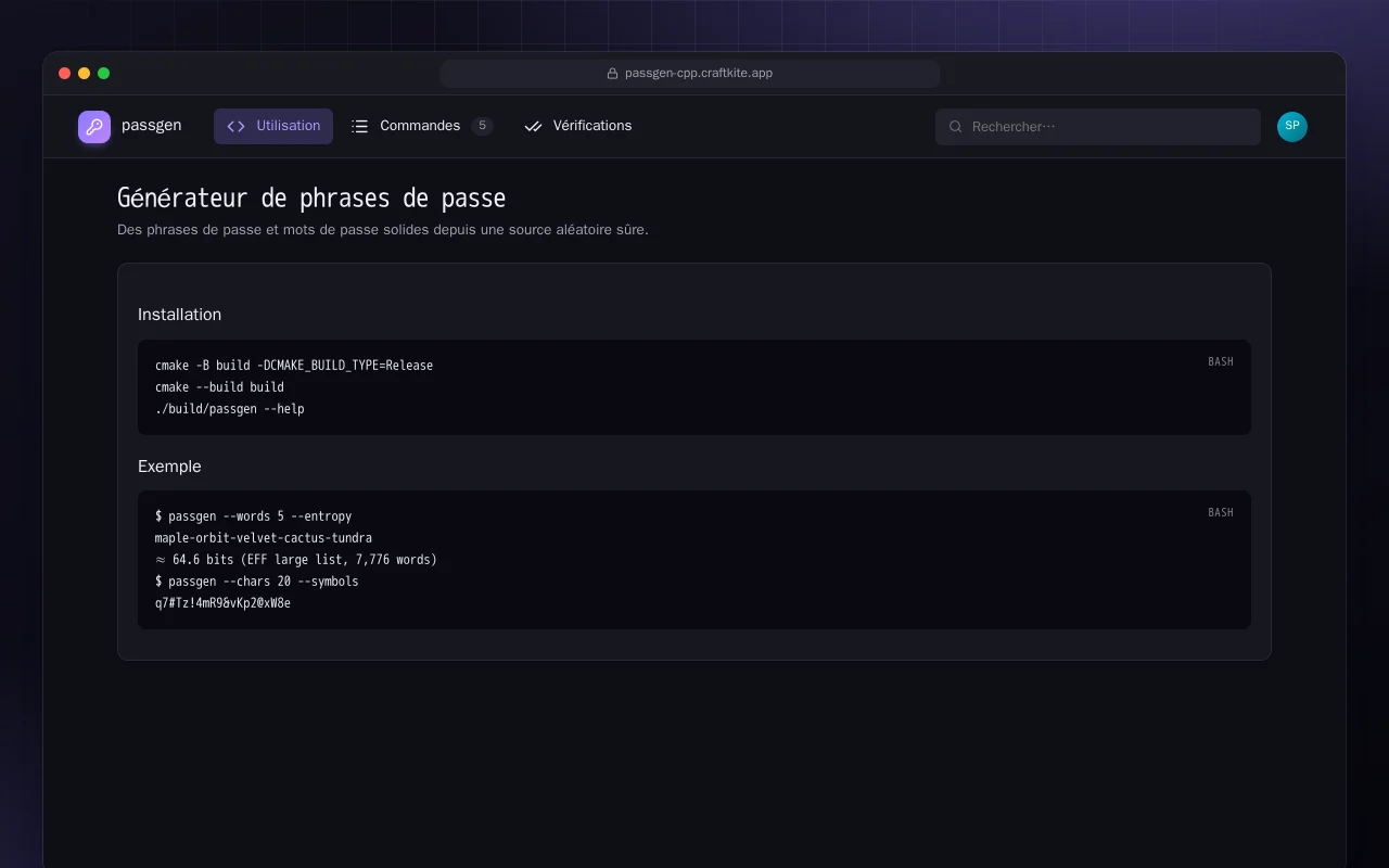 Générateur de phrases de passe (C++) : l’écran Générateur de phrases de passe