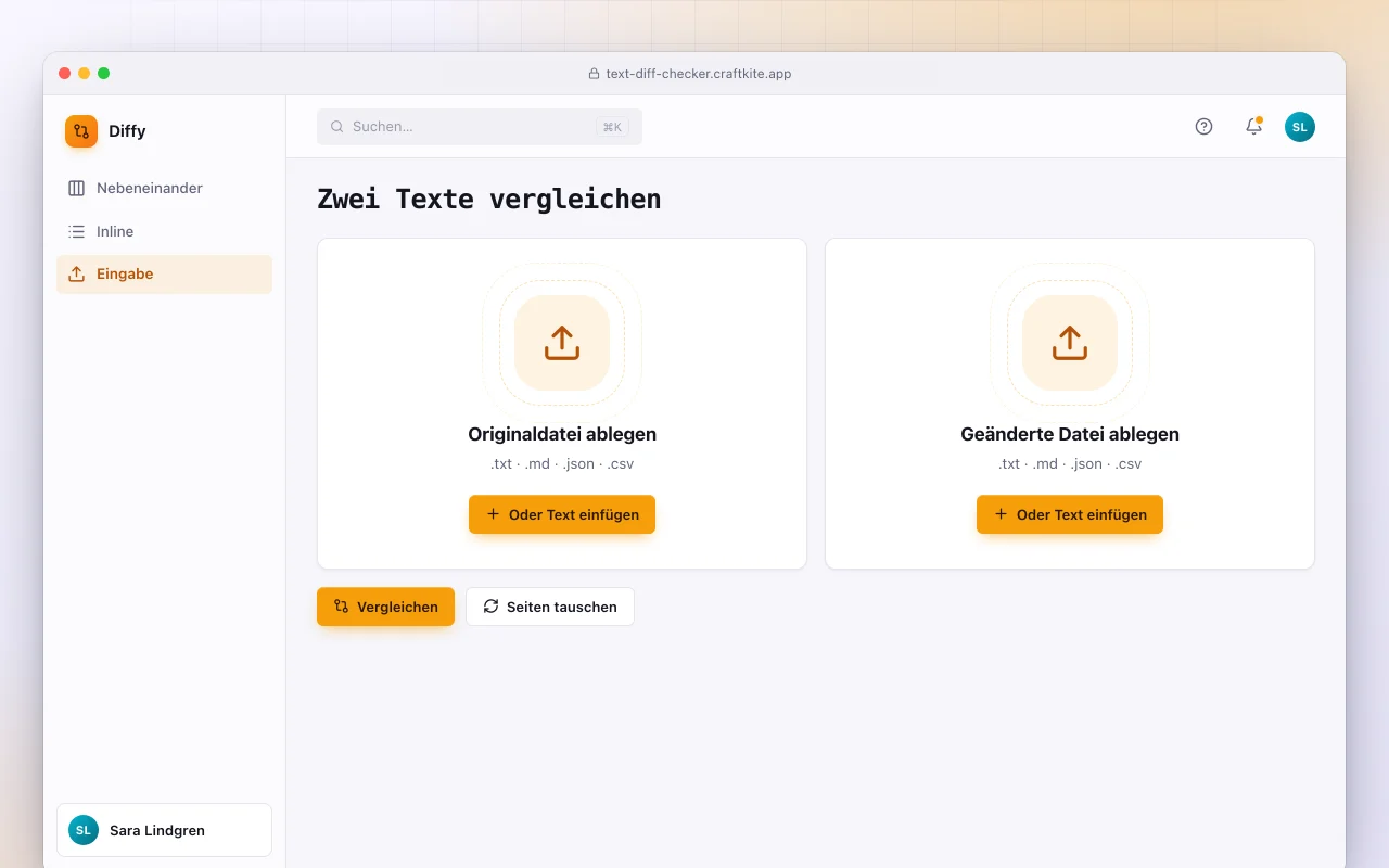 Textvergleich: der Bildschirm „Zwei Texte vergleichen“