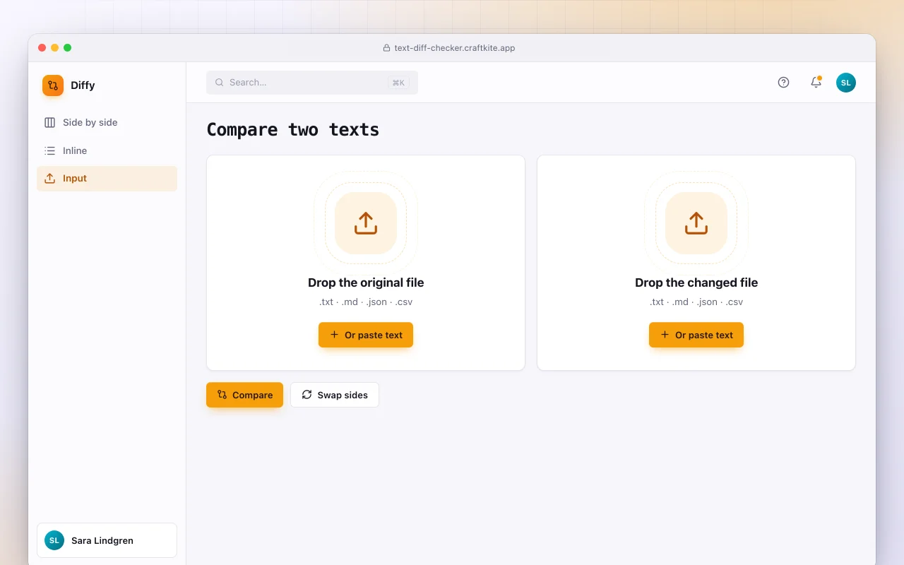 Text diff checker: the Compare two texts screen