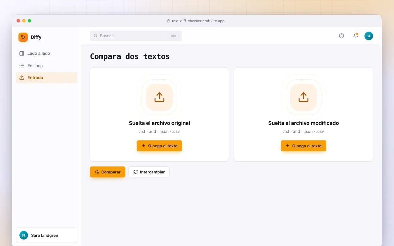 Comparador de textos: la pantalla Compara dos textos