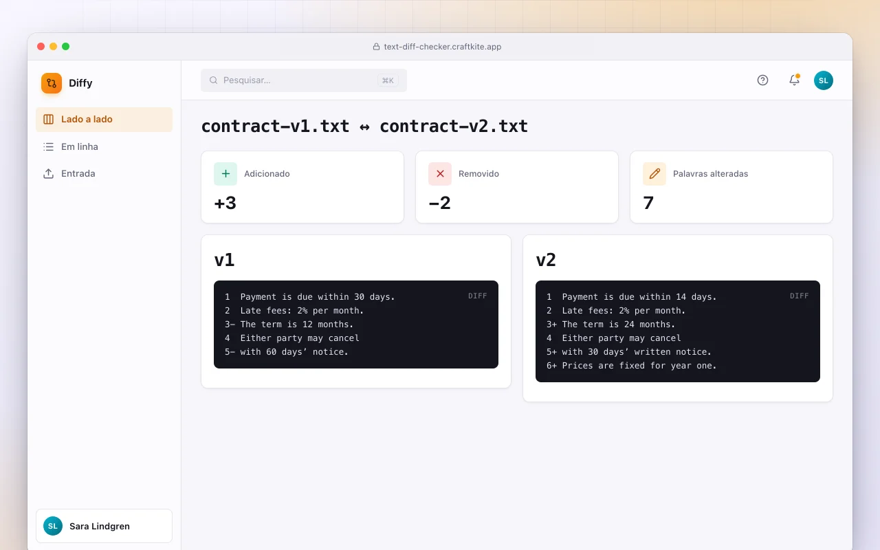Comparador de textos: a tela contract-v1.txt ↔ contract-v2.txt