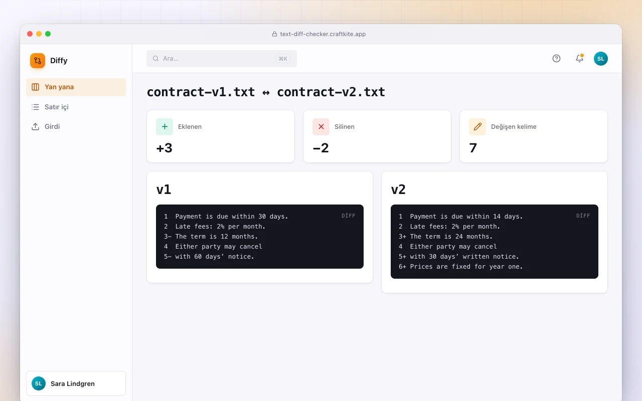 Metin fark denetleyici: contract-v1.txt ↔ contract-v2.txt ekranı