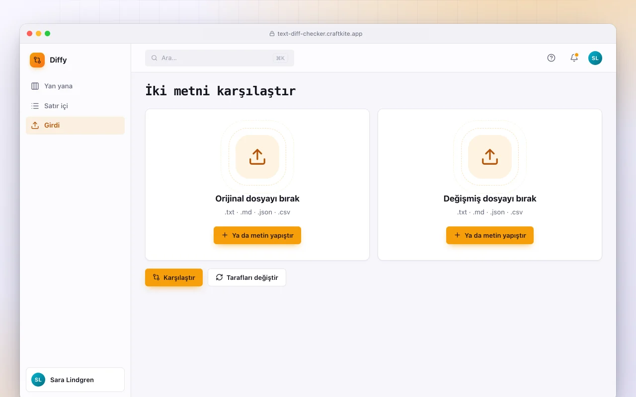 Metin fark denetleyici: İki metni karşılaştır ekranı
