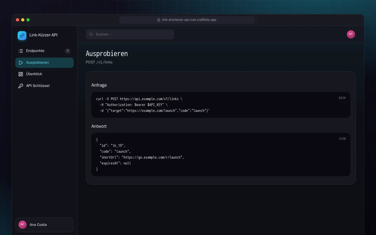 Link-Kürzer-API (Rust): der Bildschirm „Ausprobieren“