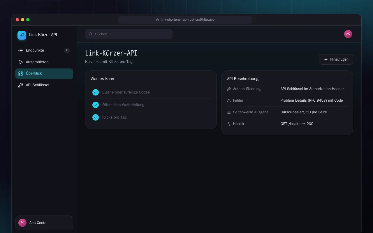 Link-Kürzer-API (Rust): der Bildschirm „Link-Kürzer-API“