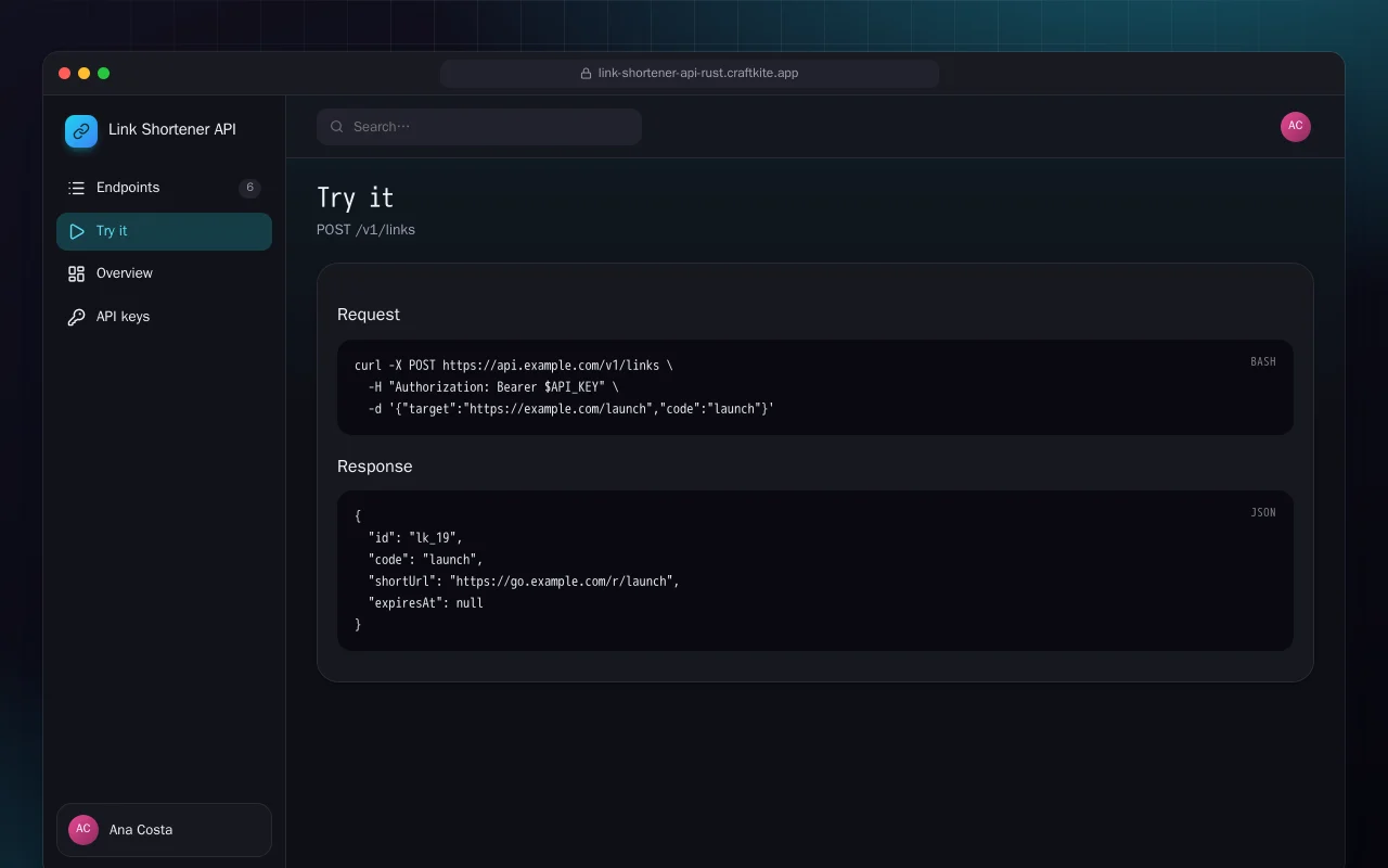 Link Shortener API (Rust): the Try it screen