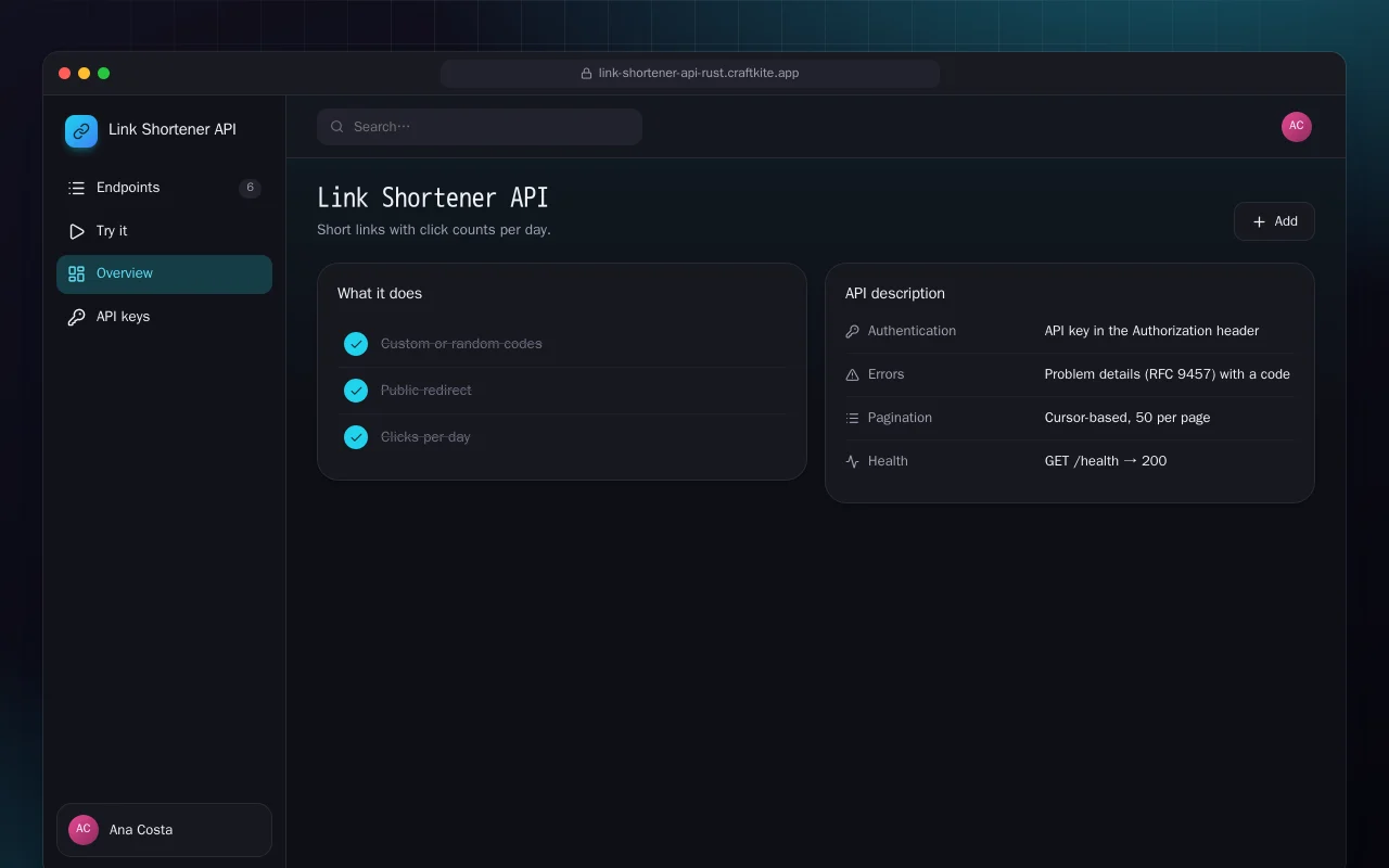 Link Shortener API (Rust): the Link Shortener API screen