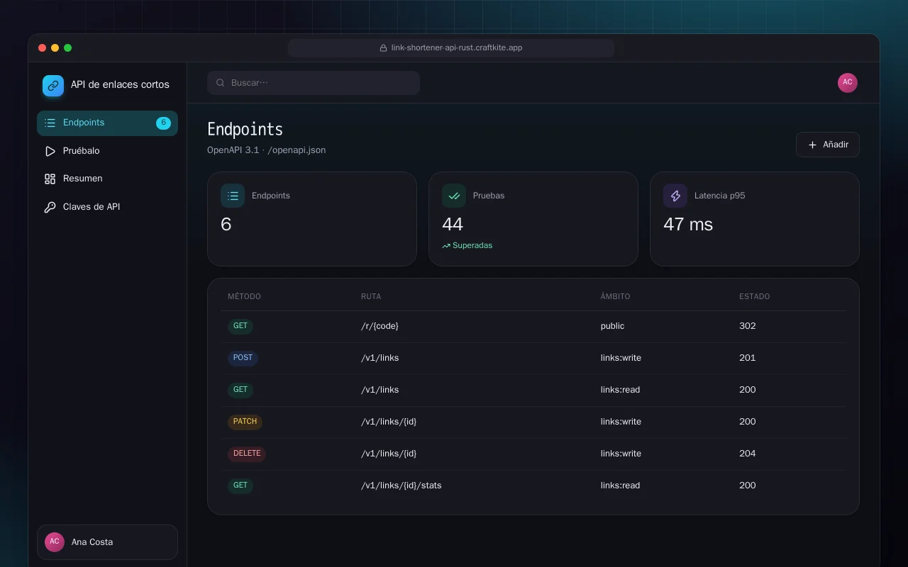 API de enlaces cortos (Rust): la pantalla Endpoints