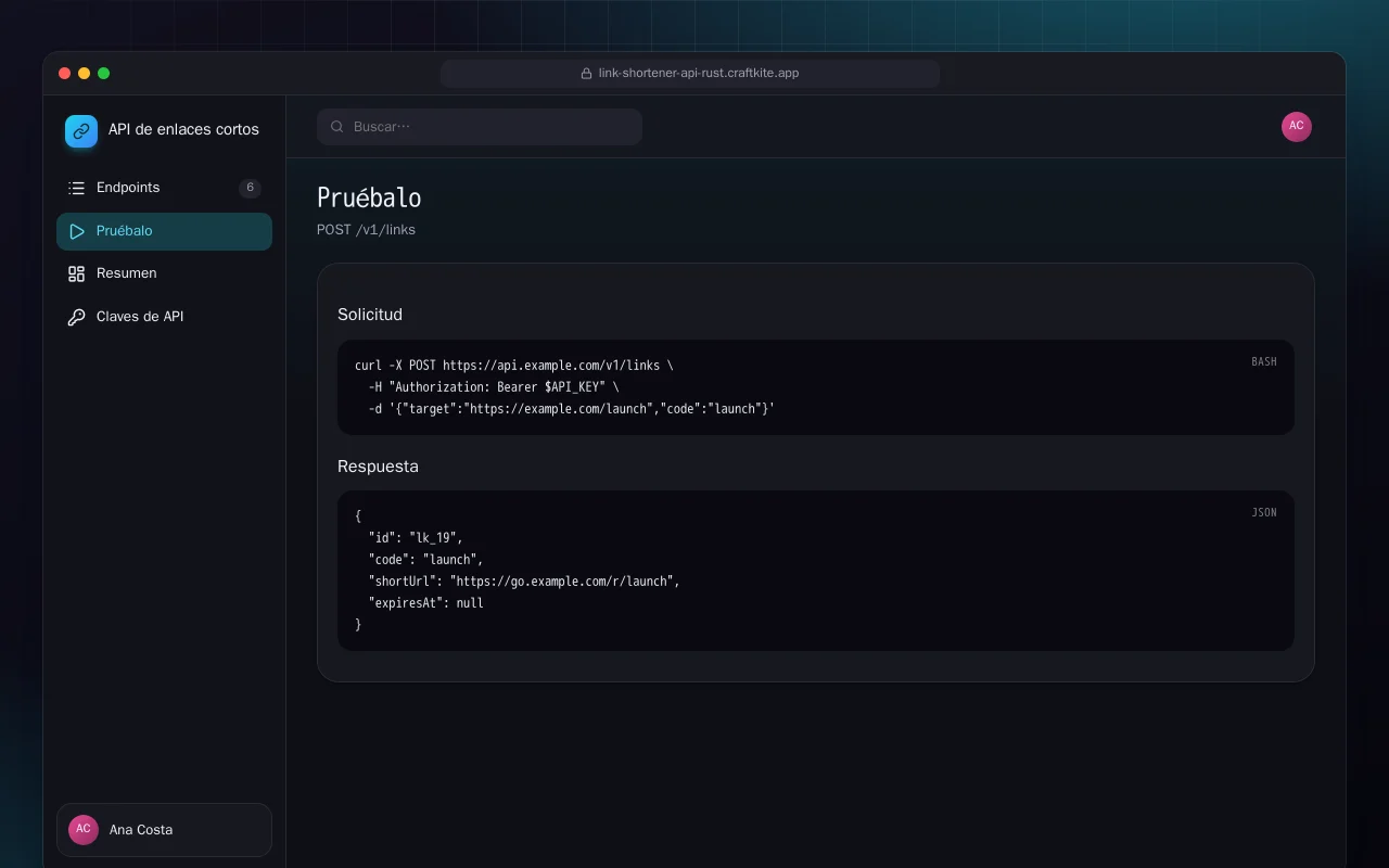 API de enlaces cortos (Rust): la pantalla Pruébalo