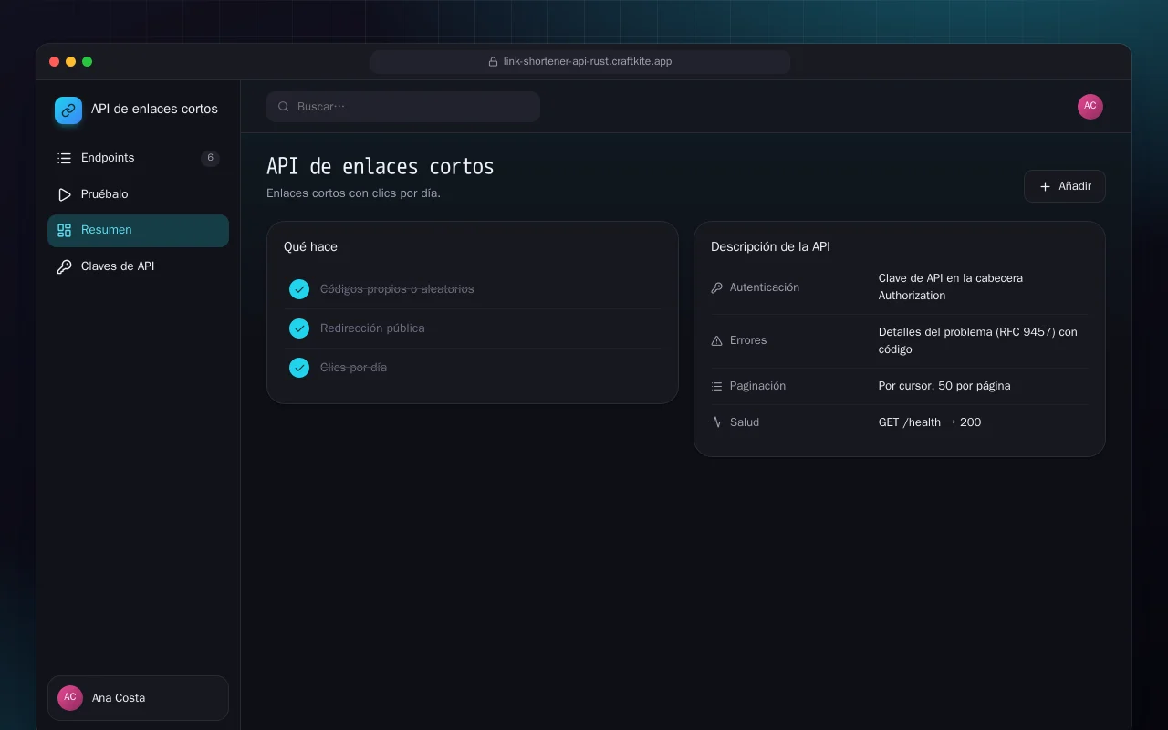 API de enlaces cortos (Rust): la pantalla API de enlaces cortos