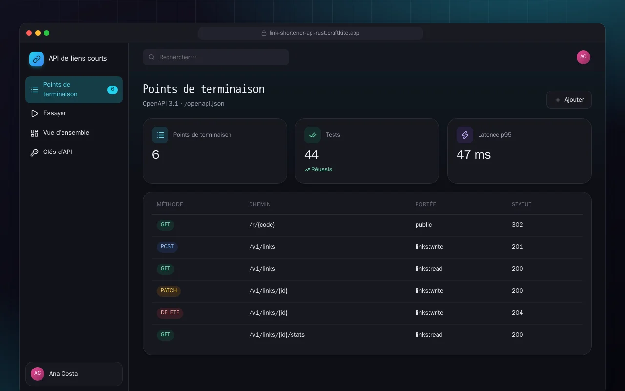API de liens courts (Rust) : l’écran Points de terminaison
